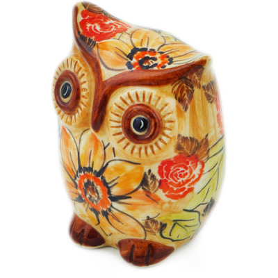 Polish Pottery Owl Figurine 4&quot; Sunflowers And Roses UNIKAT