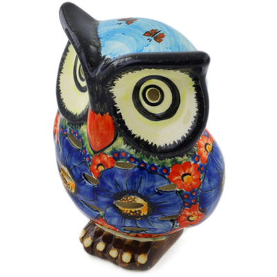 Polish Pottery Owl Figurine 8&quot; Blue Garden UNIKAT