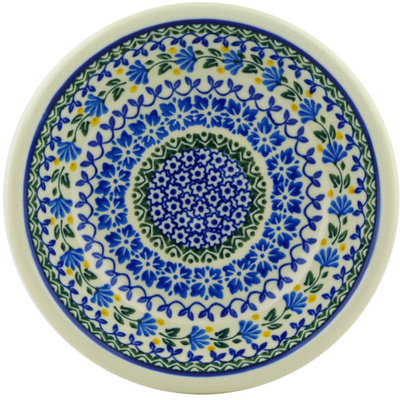 Polish Pottery Pasta Bowl 8&quot; Blue Fan Flowers