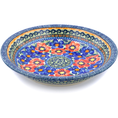 Polish Pottery Pasta Bowl 9&quot; Blue And Red Poppies UNIKAT