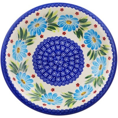 Polish Pottery Pasta Bowl 9&quot; Blue Daisy Dance UNIKAT