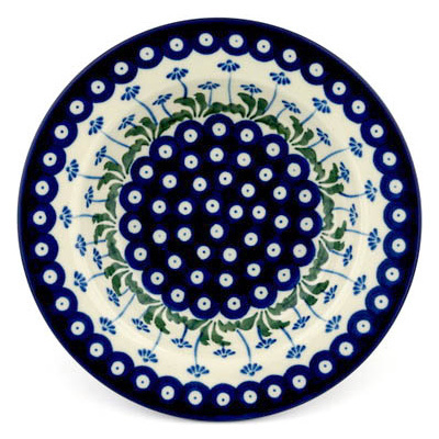 Polish Pottery Pasta Bowl 9&quot; Blue Daisy Peacock