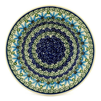 Polish Pottery Pasta Bowl 9&quot; Blue Fan Flowers