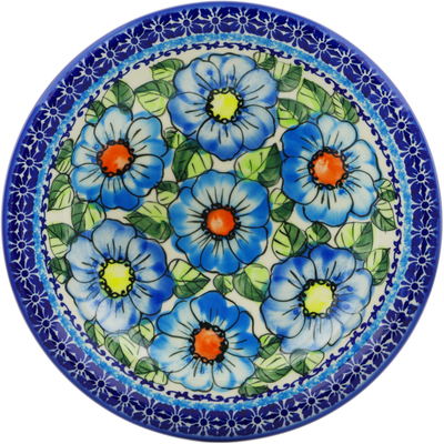 Polish Pottery Pasta Bowl 9&quot; Bold Blue Poppies UNIKAT