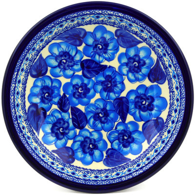 Polish Pottery Pasta Bowl 9&quot; Bright Blue Poppies UNIKAT