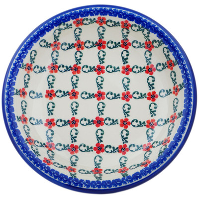 Polish Pottery Pasta Bowl 9&quot; Red Flower Lattice