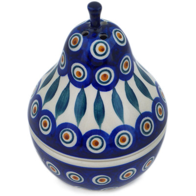 Polish Pottery Pear Shaped Jar 6&quot; Peacock Leaves