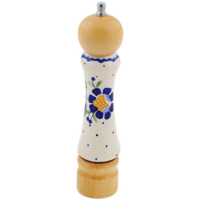 Polish Pottery Pepper Grinder 8&quot; Orange And Blue Flower