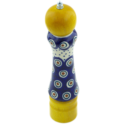 Polish Pottery Pepper Grinder 8&quot; Peacock Dots UNIKAT