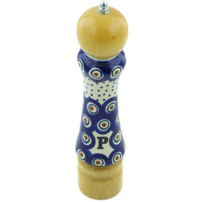 Polish Pottery Pepper Grinder 8&quot; Peacock Dots UNIKAT