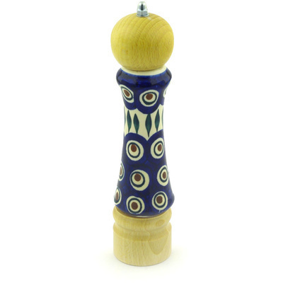 Polish Pottery Pepper Grinder 9&quot; Blue Peacock