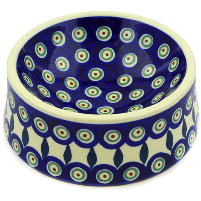 Polish Pottery Pet Bowl 6&quot; Peacock Leaves