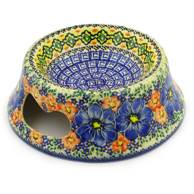Polish Pottery Pet Bowl 9&quot; Aztec Flowers UNIKAT