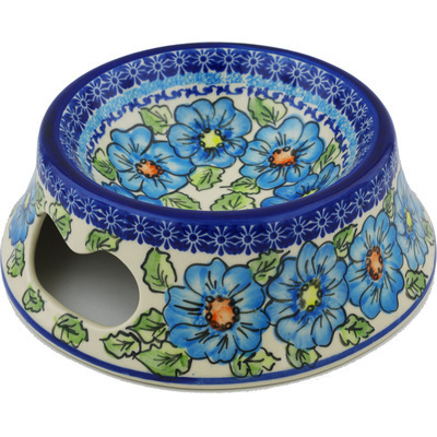 Polish Pottery Pet Bowl 9&quot; Bold Blue Poppies UNIKAT