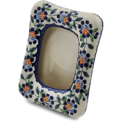 Polish Pottery Picture Frame 6&quot; Orange And Blue Flower
