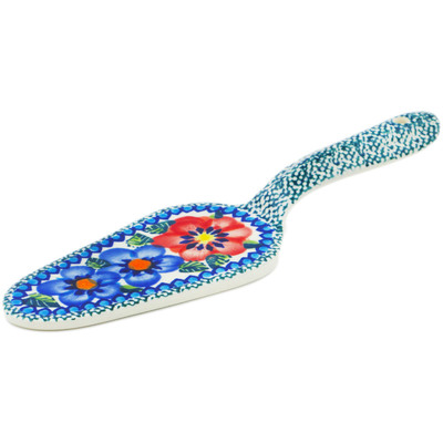 Polish Pottery Pie and Cake Server 7&quot; Blue And Red Poppies UNIKAT