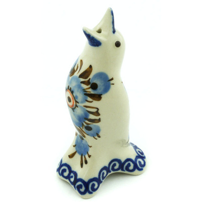 Polish Pottery Pie Bird 4&quot; Brown And Blue Beauty UNIKAT