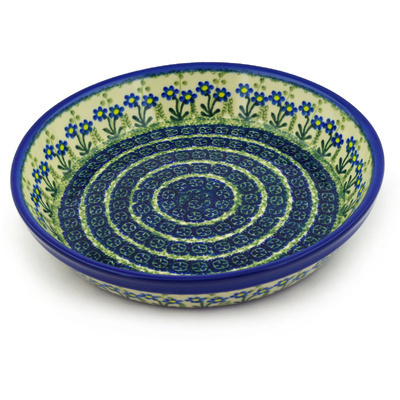 Polish Pottery Pie Dish 10&quot; Blue Daisy Circle