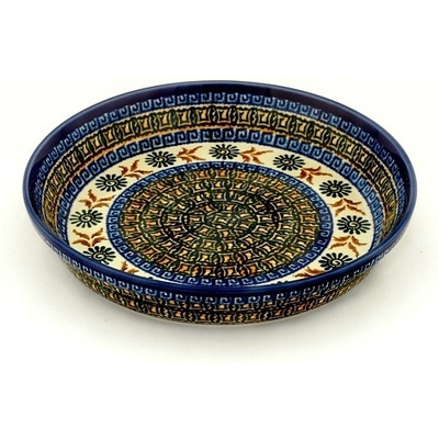Polish Pottery Pie Dish 10&quot; Brown Floral Mosaic UNIKAT