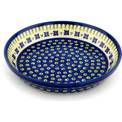 Polish Pottery Pie Dish 10&quot; Green Gingham Peacock