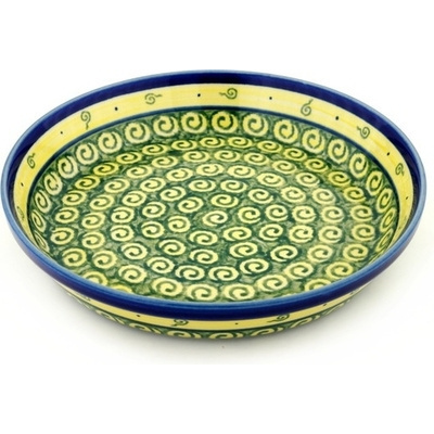 Polish Pottery Pie Dish 10&quot; Green Peacock Swirls