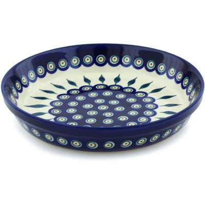 Polish Pottery Pie Dish 10&quot; Peacock Leaves