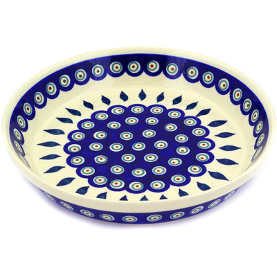 Polish Pottery Pie Dish 10&quot; Peacock Leaves