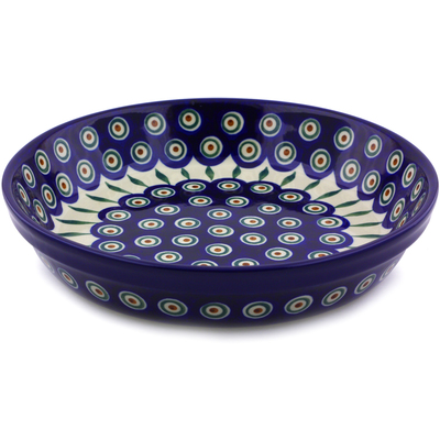Polish Pottery Pie Dish 10&quot; Peacock Leaves