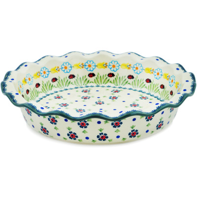 Polish Pottery Pie Dish 11&quot; Flowers And Ladybugs