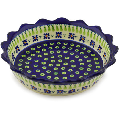 Polish Pottery Pie Dish 8&quot; Green Gingham Peacock