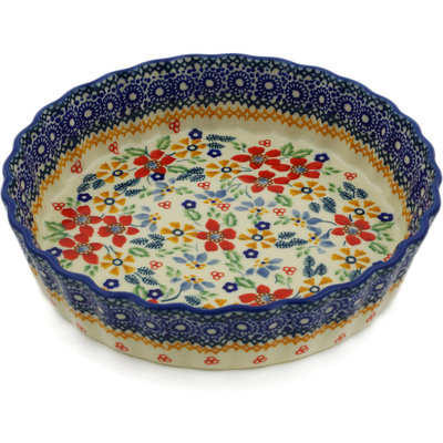 Polish Pottery Pie Dish 8&quot; Ruby Bouquet UNIKAT