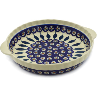 Polish Pottery Pie Dish Fluted with Handles 11&quot; Peacock