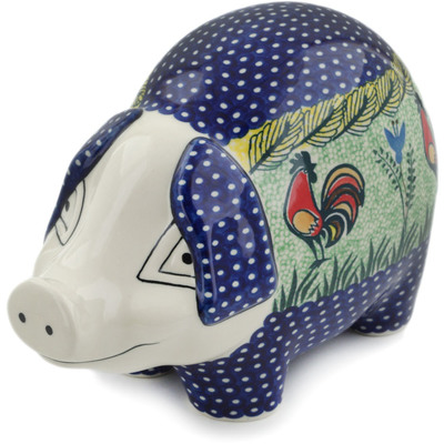 Polish Pottery Pig Figurine 10&quot; Rooster Parade UNIKAT