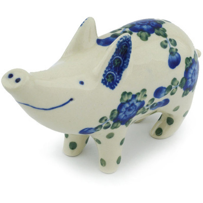 Polish Pottery Pig Figurine 5&quot; Blue Poppies