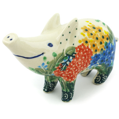 Polish Pottery Pig Figurine 5&quot; Garden Delight UNIKAT