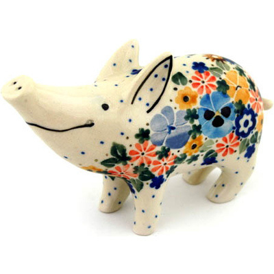 Polish Pottery Pig Figurine 5&quot; Pansy Wreath UNIKAT