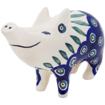 Polish Pottery Pig Figurine 5&quot; Peacock Leaves