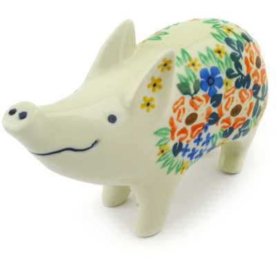 Polish Pottery Pig Figurine 5&quot; Summer Fields UNIKAT