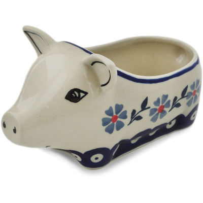 Polish Pottery Pig Shaped Jar 6&quot; Peacock Forget-me-not