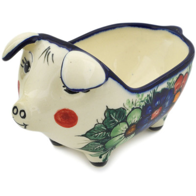 Polish Pottery Pig Shaped Jar 6&quot; Summertime Blues UNIKAT