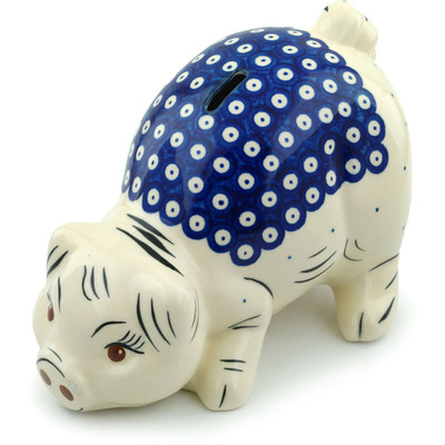 Polish Pottery Piggy Bank 10&quot; Blue Eyes UNIKAT