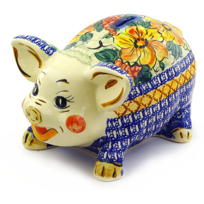 Polish Pottery Piggy Bank 11&quot; Colorful Bouquet UNIKAT