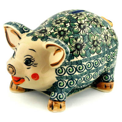 Polish Pottery Piggy Bank 11&quot; Gratuitous Greens UNIKAT