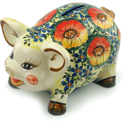 Polish Pottery Piggy Bank 11&quot; Mystical Garden UNIKAT