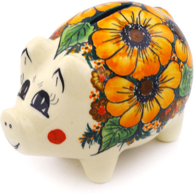 Polish Pottery Piggy Bank 4&quot; Autumn Garden UNIKAT