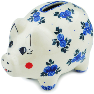 Polish Pottery Piggy Bank 4&quot; Blue Berry Special UNIKAT