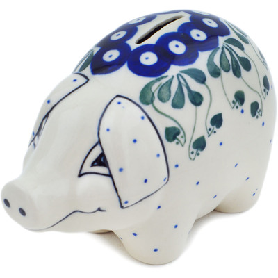 Polish Pottery Piggy Bank 5&quot; Bleeding Heart Peacock
