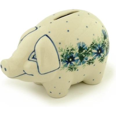 Polish Pottery Piggy Bank 5&quot; Blue Bell Wreath