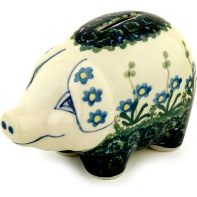 Polish Pottery Piggy Bank 5&quot; Blue Daisy Circle