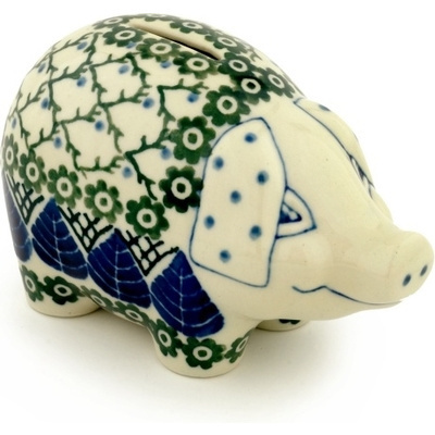 Polish Pottery Piggy Bank 5&quot; Blue Leaf